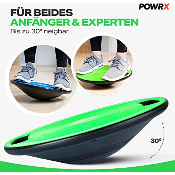 POWRX Balance Board inkl. Workout I Wackelbrett Ø 40cm mit Griffen I Therapiekreisel für propriozeptives Training und Physiotherapie versch. Farben Grün - Preisvergleich – Bild 4