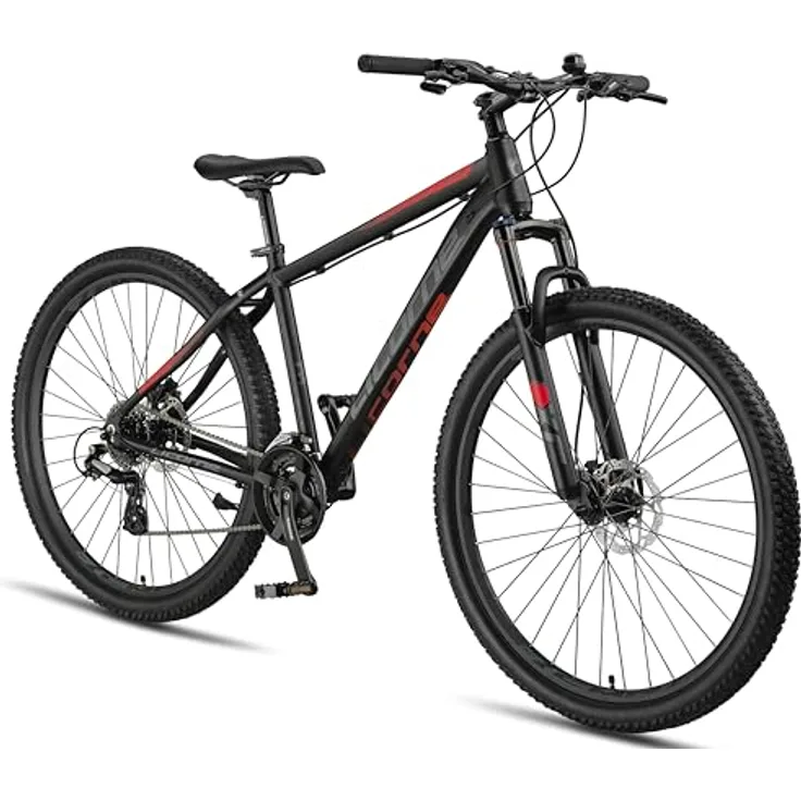 Licorne Bike Diamond Plus, Mountainbike mit Shimano 24-Gang Schaltung, hydraulischen Scheibenbremsen und verriegelbarer Federgabel, Schwarz/Rot, 29 Zoll