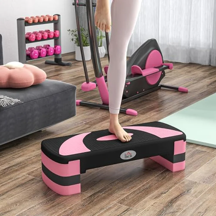 HOMCOM Stepper höhenverstellbar, Aerobic-Stepper mit 3 Stufen, rutschfester Oberfläche, für Indoor und Outdoor, Schwarz-Rosa-Grau – Bild 2