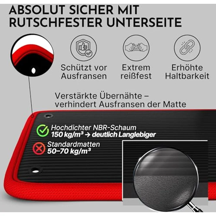 NEOLYMP Fitnessmatte extra dick, rutschfest mit Aufhänge-Ösen, Tragegurt & E-Book – Yogamatte und Pilates Matte (Schwarz-Rot, 183 × 80 cm) – Bild 3