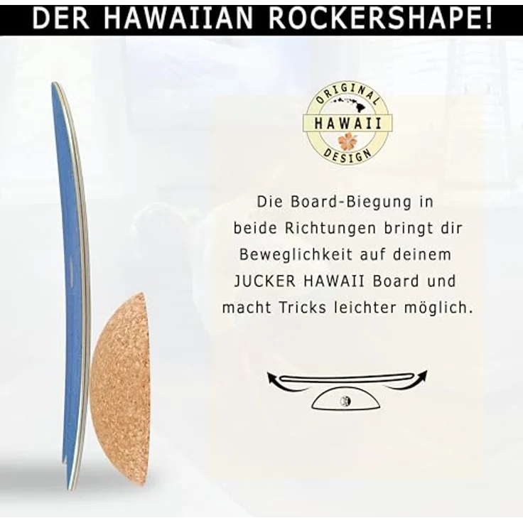 JUCKER HAWAII Surf Balanceboard Ocean Rocker Blue | Balance Board mit einmaligem Rocker Shape | Balance Board aus Holz mit Korkhalbkugel | Surf Balanceboard – Bild 2