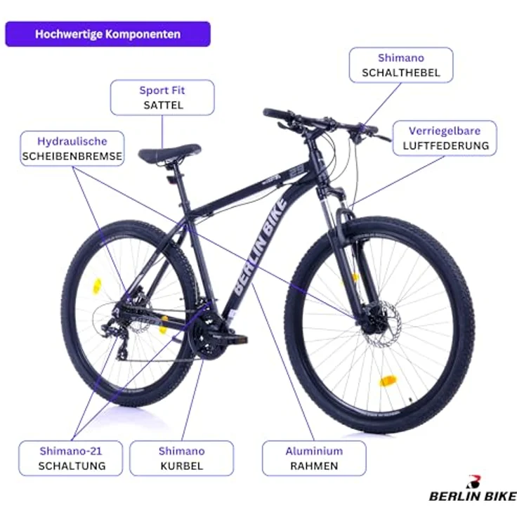 BERLIN BIKE MTB1 Mountainbike 26 Zoll, 33 cm Rahmenhöhe, hydraulische Scheibenbremsen, Shimano 21-Gang, Schwarz-Blau – Bild 7