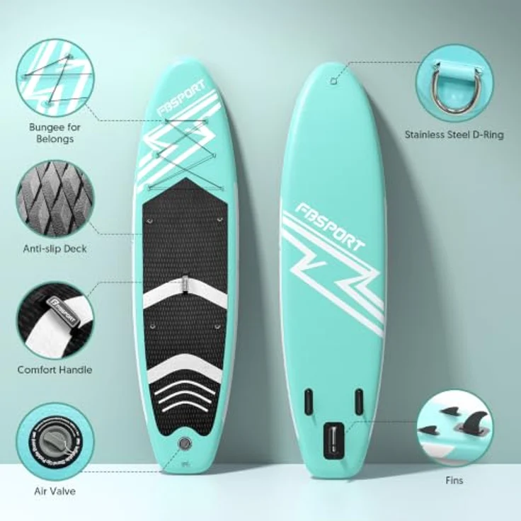 FBSPORT Aufblasbares SUP Board, 15CM dickes Stand Up Paddling Board mit verstellbarem Aluminium Paddel und Pumpe, grün – Bild 4