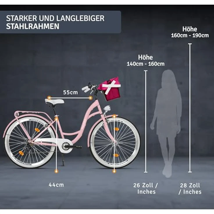 Milordbikes City-Fahrrad, Pink, 46 cm, leichtes Metall, mit hinterem Träger und hochwertigen Aluminiumfelgen – Bild 3