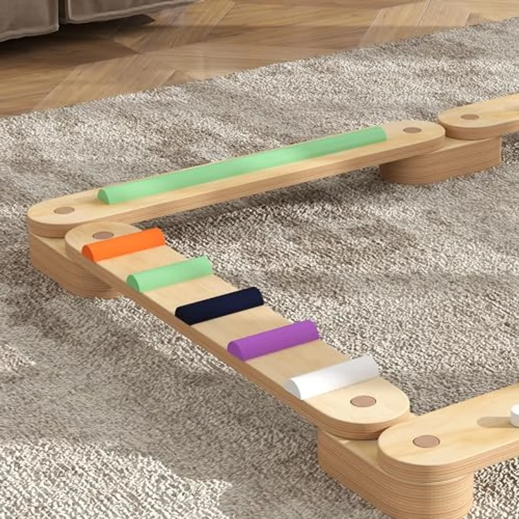 AIYAPLAY Balanceboard Holz Schwebebalken, Mehrfarbig mit Bunte Hindernissteine, für Koordination und Stabilität, geeignet für 3-8 Jahre Kinder – Bild 9
