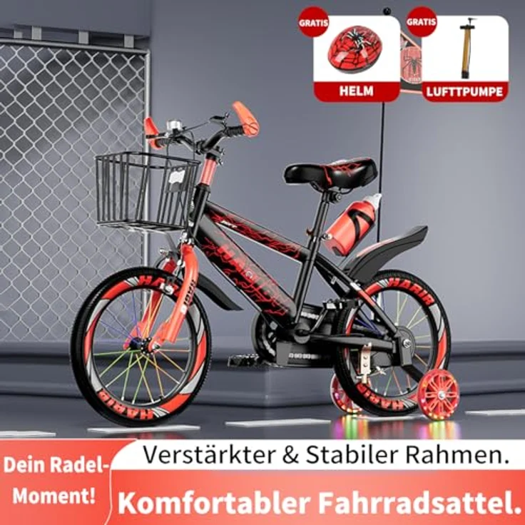 Habib Gruppe Kinderfahrrad, Komplettset mit LED-Stützrädern, höhenverstellbarem Lenker und Sicherheitszubehör, geeignet für Kinder von 85 cm bis 130 cm – Bild 2