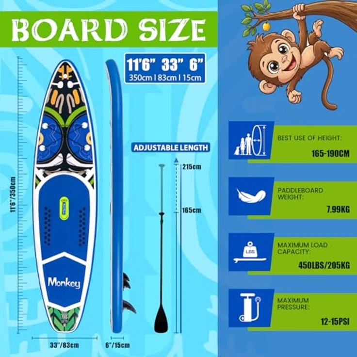 FunWater Aufblasbares Stand Up Paddle Board 11'6''x33'x6'', Ultraleicht mit 3 Finnen, Verstellbarem Paddel, Pumpe, Rucksack und Wasserdichter Tasche, Komplett Set – Bild 2
