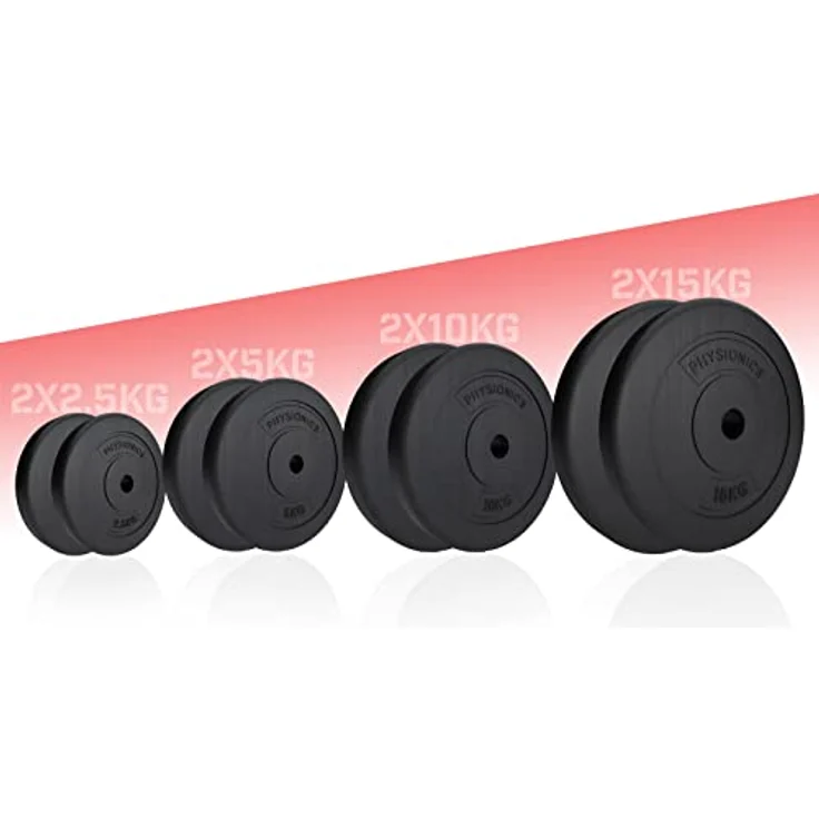Physionics® Hantelscheiben - 2 x 2,5/5/10/15 kg, Ø 31 mm, Kunststoff, Schwarz - Gewichtsscheiben Set Gewichte für Hantel/Langhatel/Kurzhantel (2 x 10 kg) – Bild 1
