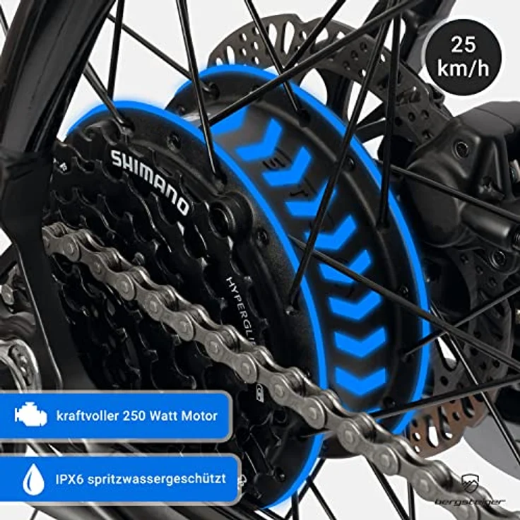 Bergsteiger Cannock 29 Zoll E-Bike mit 250 Watt Motor, Hydraulikbremsen, Aluminium Ebike Mountainbike Herren & Damen, Farbdisplay, Elektrofahrrad mit Shimano 24 Gang-Schaltung, in Blau - Preisvergleich – Bild 3