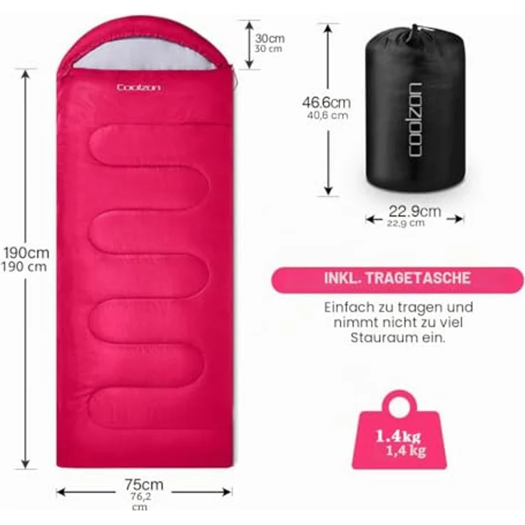 Coolzon Outdoor Schlafsack 3-4 Jahreszeiten, ultraleicht, wasserabweisend, bequem und warm, kompaktes Packmaß, rot – Bild 2
