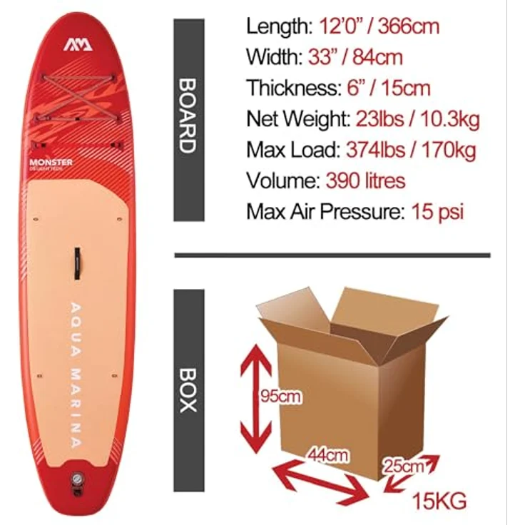 Aqua Marina Monster, aufblasbares Stand-Up-Paddleboard-Paket, 3,6 m, rote Spanngurte, Sandwellen-EVA-Fußpolster, Neopren-Tragegriff – Bild 4