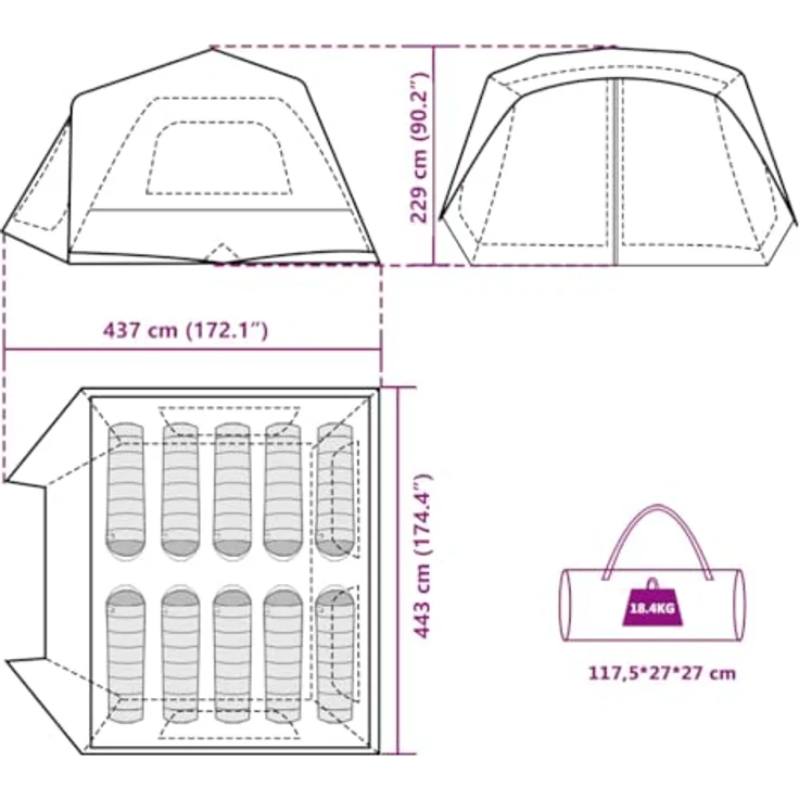 vidaXL Familienzelt, Campingzelt für 10 Personen mit LED-Beleuchtung, wasserdicht und Quick-Release-System, Hellgrün – Bild 3