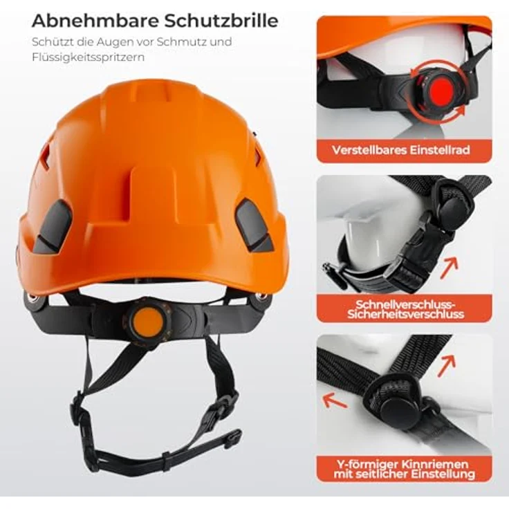 Mustbau Helm HSE06S, Kletterhelm mit gefütterten Schaumstoffpolstern, verstellbarem Drehknopf und robustem Visier, orange – Bild 4
