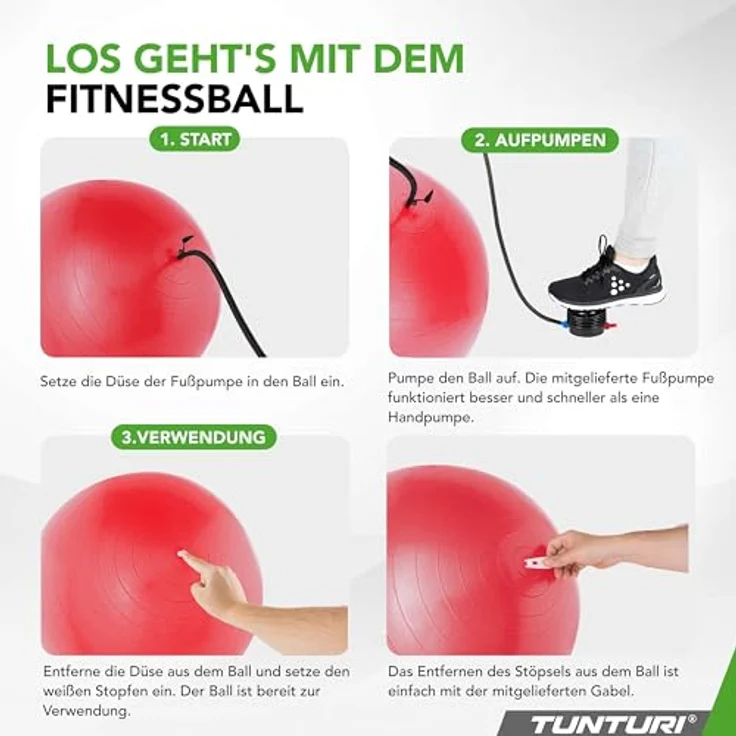 Tunturi Anti Burst Fitnessball 55 cm, Rot - Yoga-Ball mit Pumpe, 220 kg Benutzergewicht, ideal für Pilates und Schwangerschaft – Bild 3