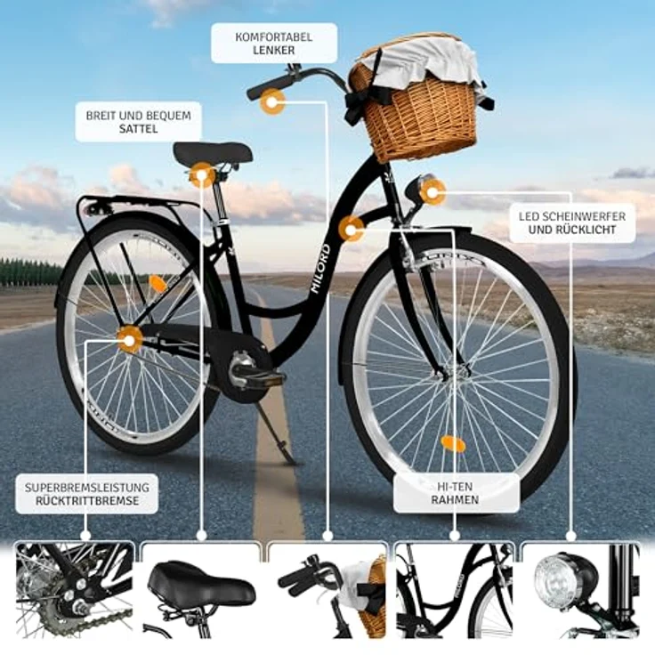 Milordbikes City-Fahrrad, Schwarz, 46 cm, Metallrahmen, 700C Reifen, vormontiert mit Träger und Zubehör – Bild 2