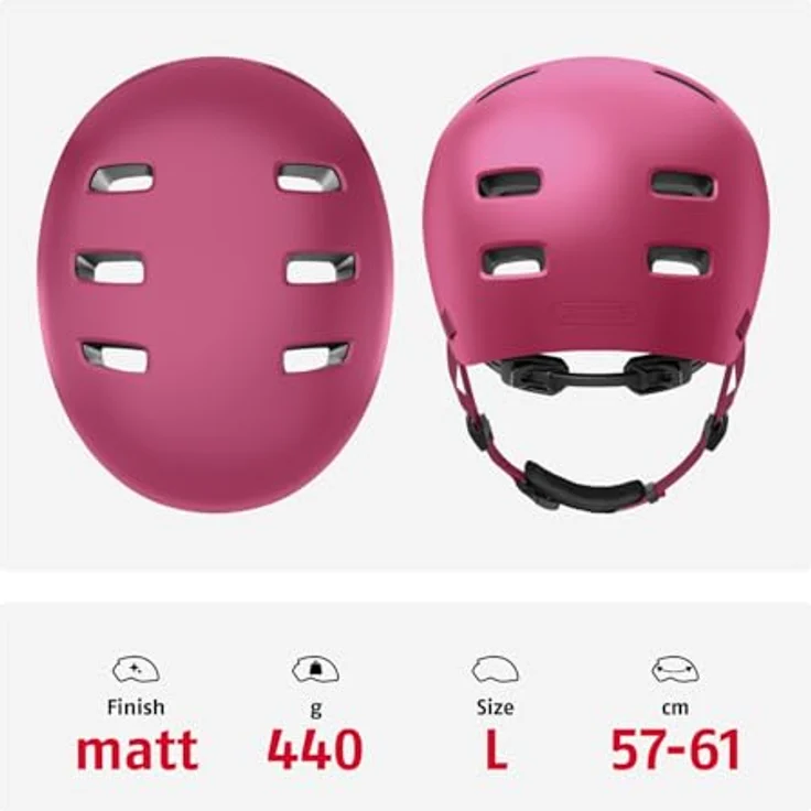 ABUS Fahrradhelm XOXO, Cityhelm im Skater-Look, Größe L, mono rot, mit optimiertem Kinnpolster für Jugendliche und Erwachsene – Bild 3