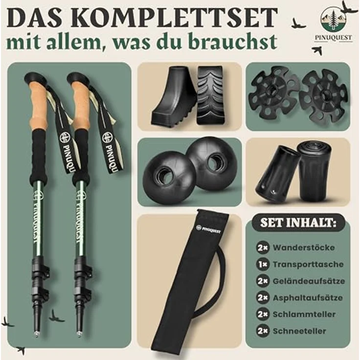 Pinuquest Teleskop Wanderstöcke Aluminium (260g) mit ergonomischem Korkgriff, 4 Aufsätzen für jedes Terrain, für 95-200 cm Körpergröße, grün – Bild 2