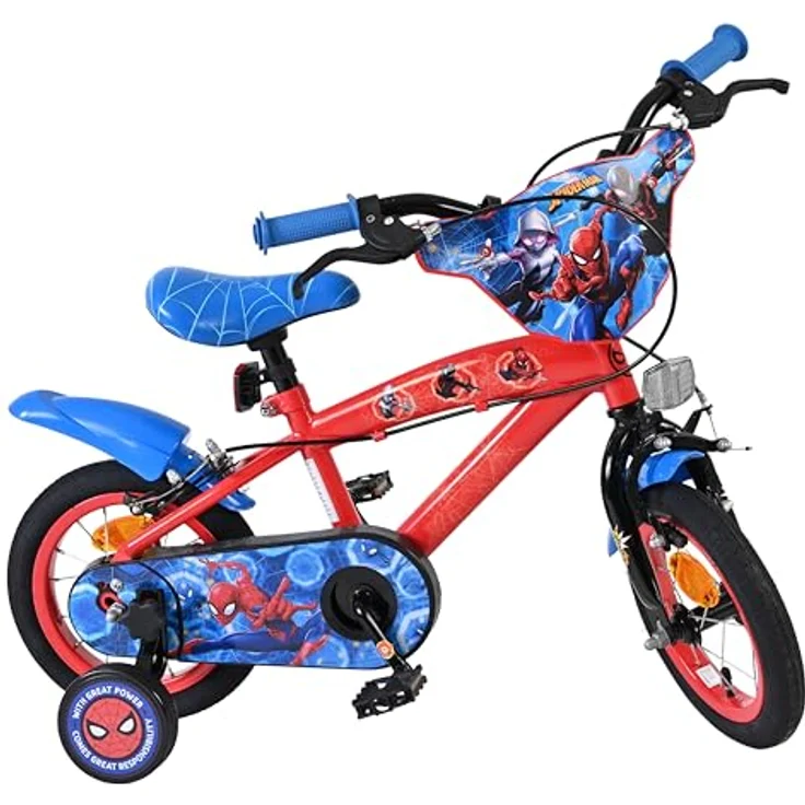 Volare Marvel Spider-Man Kinderfahrrad 12" für 3–5 Jahre | Hand- & Rücktrittbremse, abnehmbare Stützräder, Kettenschutz, reflektierende Komponenten, verstellbarer Sattel| optimal für Jungen & Mädchen – Bild 1