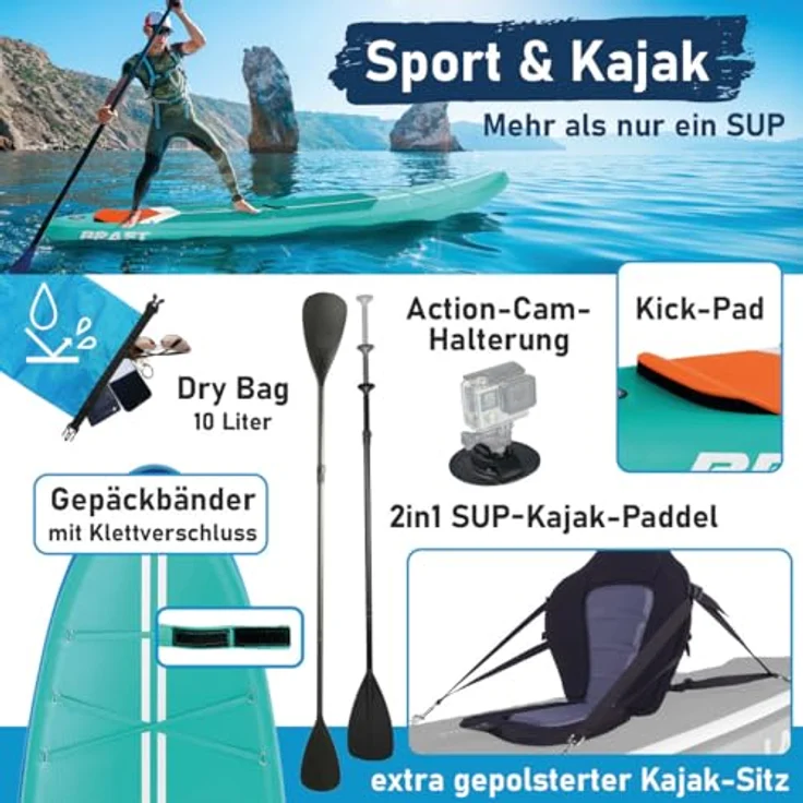 BRAST SUP Board Turtle, Aufblasbares Stand up Paddle Set, 320x81x15cm, Tragkraft bis 200 kg, inkl. Kajaksitz und Zubehör, Türkis – Bild 5