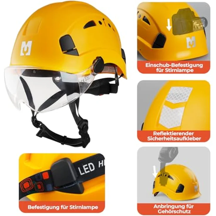 Mustbau Helm HSE06S, Kletterhelm mit gefütterten Schaumstoffpolstern, einstellbarer Passform und robustem Visier, für Bergsteigen, BAU und Gartenarbeit, Gelb – Bild 5