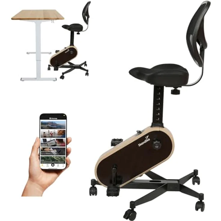 Skandika Office Bike, Ergometer mit 8-fach verstellbarer Sitzhöhe und Bluetooth-Receiver, Holzoptik – Bild 1