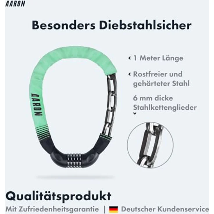 AARON Lock One Fahrradschloss, 5-stelliger Zahlencode, Kettenschloss aus gehärtetem Stahl, hohe Sicherheitsstufe, 100 cm lang, Mint – Bild 2