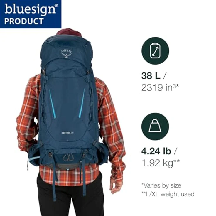 Osprey Kestrel 38 Wanderrucksack, langlebig mit integrierter Regenhülle und AirScape Rückenplatte, Atlas Blue L/XL – Bild 2