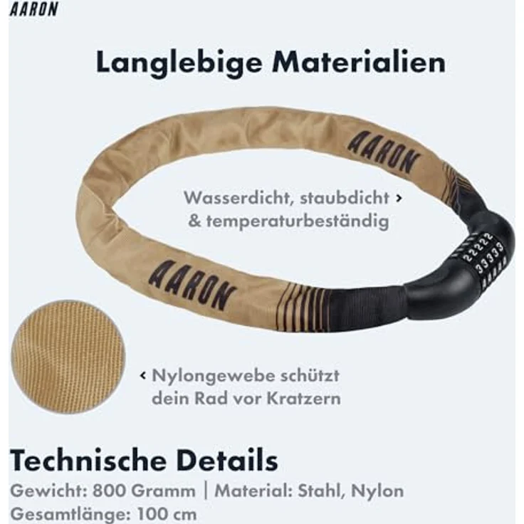 AARON Lock One Kettenschloss, Fahrradschloss mit 5-stelligem Zahlencode, gehärtetem Stahl und hoher Sicherheitsstufe, 100 cm, sand – Bild 3