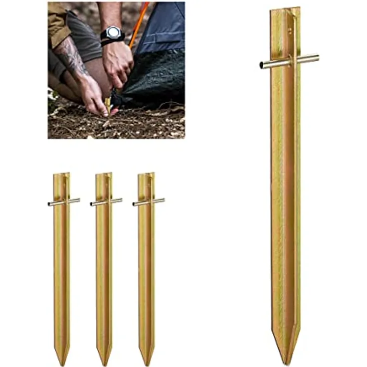 Relaxdays Zeltheringe, 4er Set T-Profil aus Stahl, 30 cm lang, stabil und schlagfest, gold