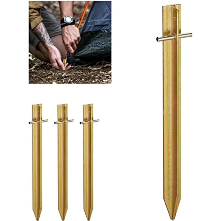 Relaxdays Zeltheringe, 4er Set T-Profil aus Stahl, 30 cm lang, stabil und schlagfest, gold – Bild 1