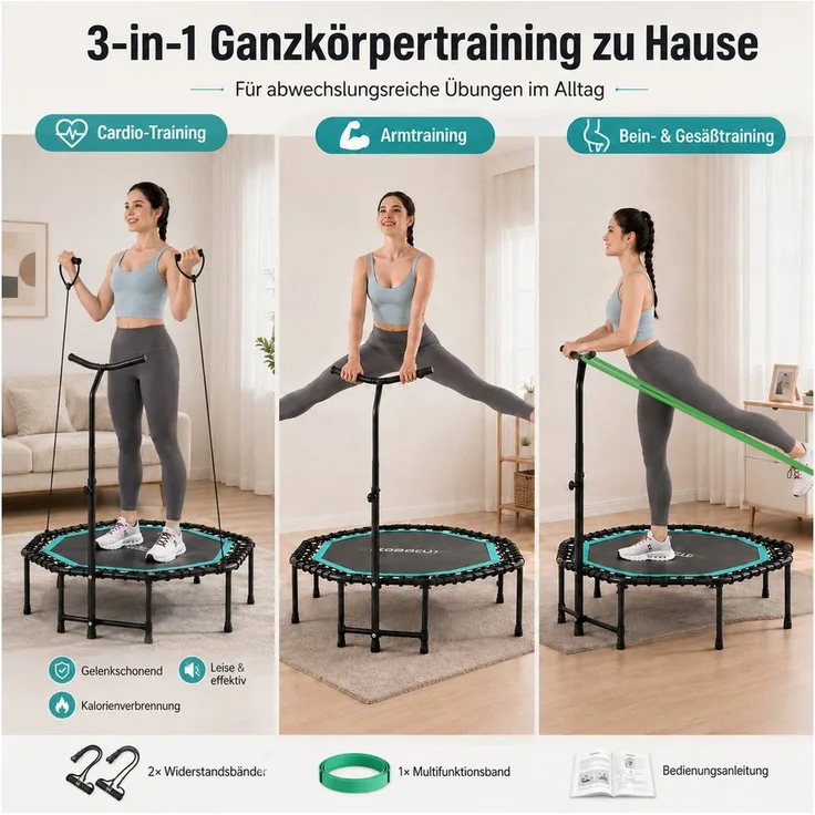 CITYSPORTS Fitnesstrampolin Mini-Trampolin, 8-eckig, 3-fach höhenverstellbarer Haltegriff, Ø130cm, faltbar, max. 100 kg, schwarz mit grün-türkiser Randabdeckung