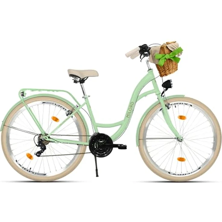 MILORD Damenfahrrad Citybike Komfort mit 21-Gang-Schaltung, 26 Zoll, Weidenkorb, Grün-Creme – Bild 2