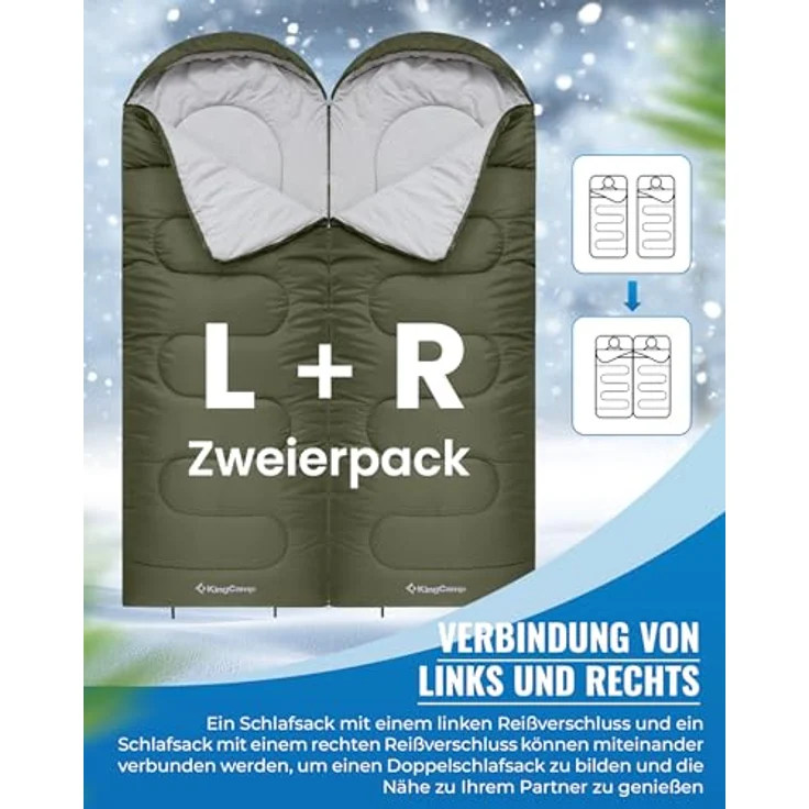 KingCamp Camping Sommerschlafsack für Kinder & Erwachsene, leicht und kompakt, komfortabler Schlafbereich bis -3°C, wasserabweisendes Polyester, 220x75 cm, Packmaß 36x18 cm, 1,4 kg – Bild 2