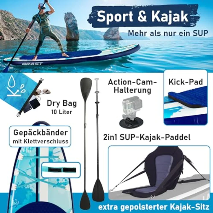 BRAST SUP Board Shark, Aufblasbares Stand-Up Paddle Set 320x81x15cm, 200 kg Tragkraft, inkl. 2in1 Paddel, Kajak-Sitz, Action-Cam-Halterung, 8 Designs, 5 Jahre Garantie – Bild 5