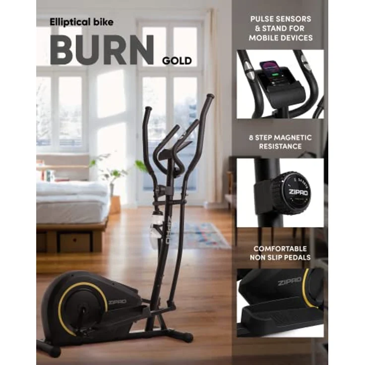 Zipro Erwachsene Magnetischer Crosstrainer Burn Gold bis 120kg, Schwarz, One Size, einheitsgröße, Ellipsentrainer, Ergometer, Fitness Heimtrainer inkl. Tablethalterung, 8 Widerstandsstufen – Bild 3