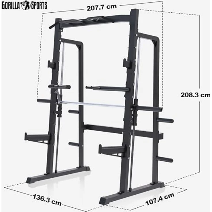 GORILLA SPORTS® Half Rack Smith Machine - Schwarzes Squat Rack mit Klimmzugstange, für 30/50mm Hantelscheiben, Maximale Belastbarkeit 300 kg – Bild 5