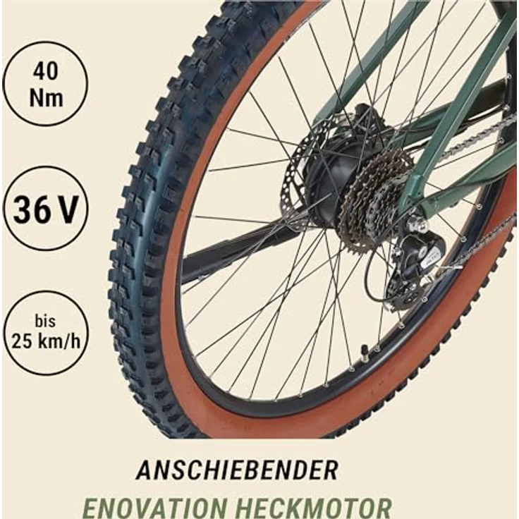 Prophete Dice 1.0 E-MTB 27,5" – Enovation Hinterradmotor 250W, 40Nm, Shimano Altus 8-Gang, 100 km Reichweite, Suntour XCT Federgabel, Hydraulische Scheibenbremse, Bronze Grün – Bild 6