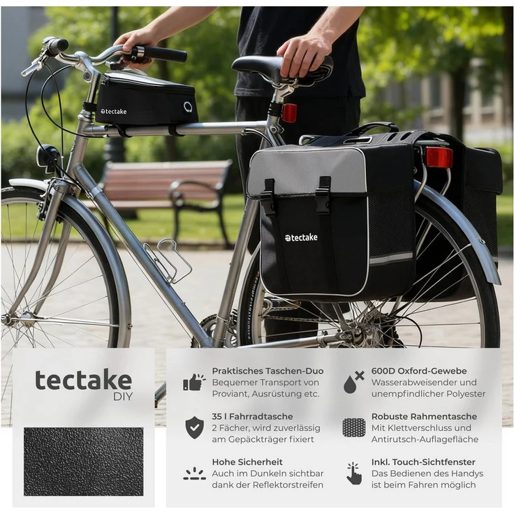 tectake Fahrradtasche GEORG, schwarze Gepäckträgertasche mit 35 Liter Volumen und inkl. 3,5 mm Kopfhörerverlängerungskabel