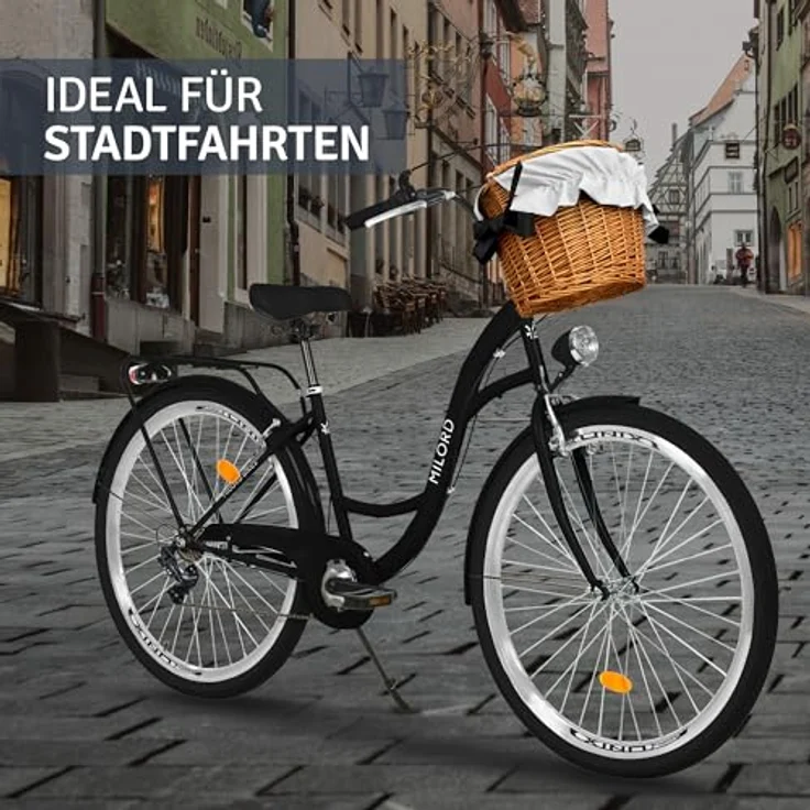 Milordbikes City-Fahrrad, Schwarz, 46 cm, Metallrahmen, für Freizeit und Fitness, mit Aluminiumfelgen und hinterem Träger – Bild 6