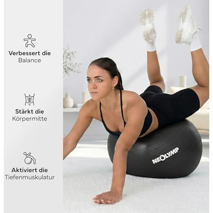 NEOLYMP Gymnastikball, ergonomischer Sitzball für Büro und Training, 300 kg belastbar, rutschfest & Anti Burst, Schwarz, Größe L | 180 cm – Bild 5