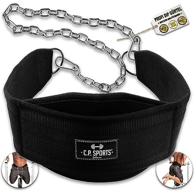 C.P.Sports Premium Dip-Gürtel | Profi Dipgürtel für Klimmzüge, Squats, Fitness, Krafttraining, Gym | Dipp Gürtel für Dips bis zu 250kg aus reißfestem Nylon mit Stahlkette für Hantelscheiben Gewichte – Bild 1