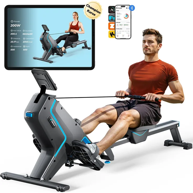 Merach klappbares Rudergerät – leise Magnetbremse, 16 Widerstandsstufen, LCD-Display, Tablet-Halter, Kinomap-App, gepolsterter Sitz, platzsparend