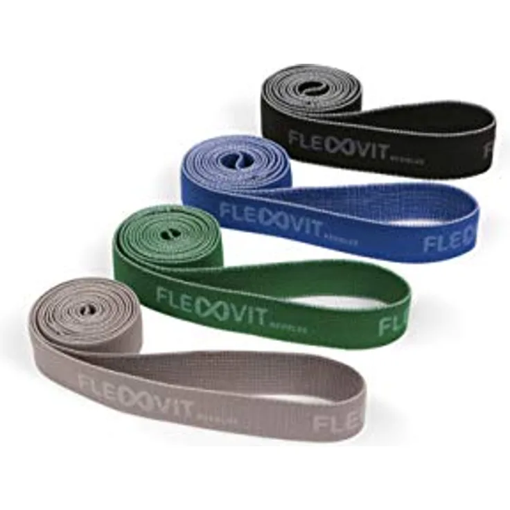 FLEXVIT Revolve Fitnessband 4er Set, hypoallergene Pilates-Bänder in hellgrau, grün, blau und schwarz, geeignet für Ganzkörpertraining, HIT und Stabilisation, waschbar, 4 Stärken für Anfänger und Profis
