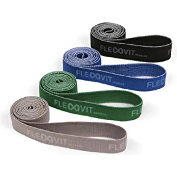 FLEXVIT Revolve Fitnessband 4er Set, hypoallergene Pilates-Bänder in hellgrau, grün, blau und schwarz, geeignet für Ganzkörpertraining, HIT und Stabilisation, waschbar, 4 Stärken für Anfänger und Profis – Bild 1