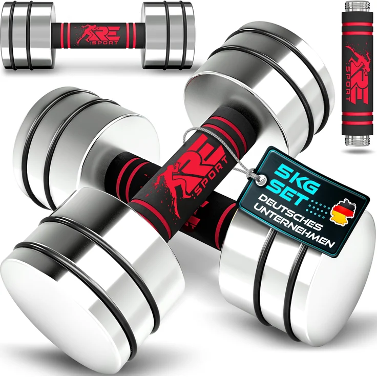 RE:SPORT® 2er Hanteln Set Rot, massive Stahl Kurzhanteln mit 2 x 5kg Gewichten und Schaumstoffgriffen für Home Gym und Krafttraining