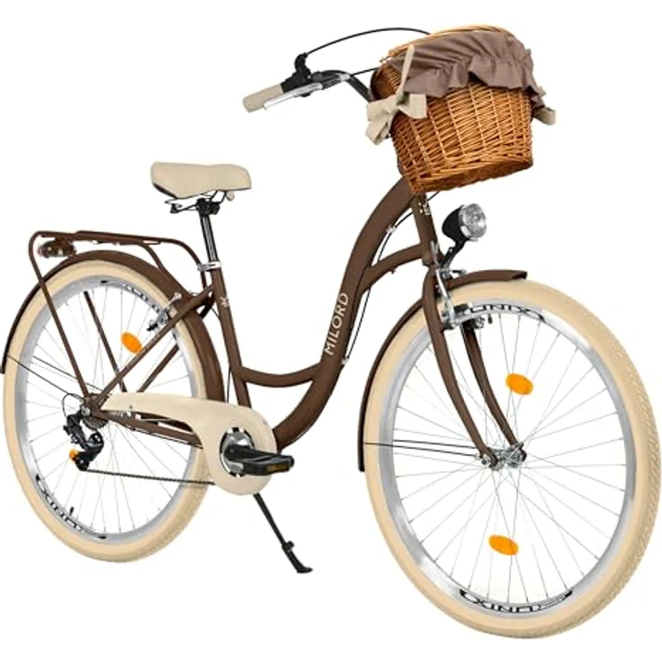 MILORD Citybike Damenfahrrad Vintage 28 Zoll mit 7-Gang Schaltung, Weidenkorb und Braun Creme Reifen – Bild 1