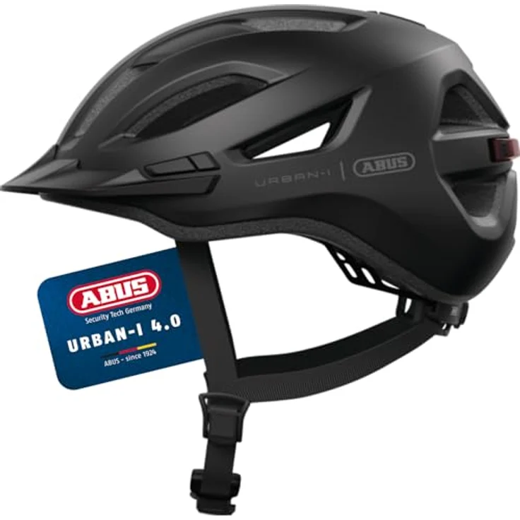 ABUS Urban-I 4.0, Fahrradhelm mit aufladbarem Rücklicht, 2 Leuchtmodi, Zopf-Öffnung, magnetischem Verschluss, Größe S, schwarz – Bild 1