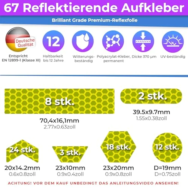 LOOM Fahrrad Reflektoren Aufkleber Set, 67 Stück in Brilliant Fluor Gelb-Grün, Wasserdicht, für Helm, Auto, Anhänger und Schulranzen – Bild 2