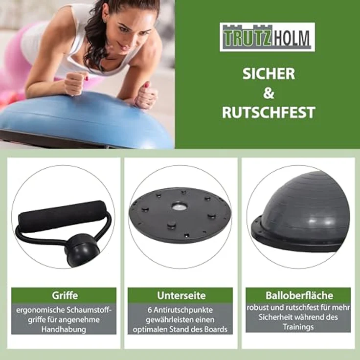 TRUTZHOLM Gymnastik Balance Ball, Balancetrainer ø 60cm in Grau mit Handgriffen und Luftpumpe, 158 kg max. Benutzergewicht – Bild 4