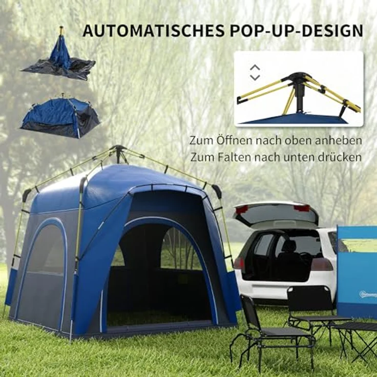 Outsunny Pop Up Kuppelzelt für 4 Personen, UV 50+, 4 Türen, 199 cm Höhe, 1000 mm Wassersäule, leichtes Familienzelt für Camping und Trekking – Bild 3